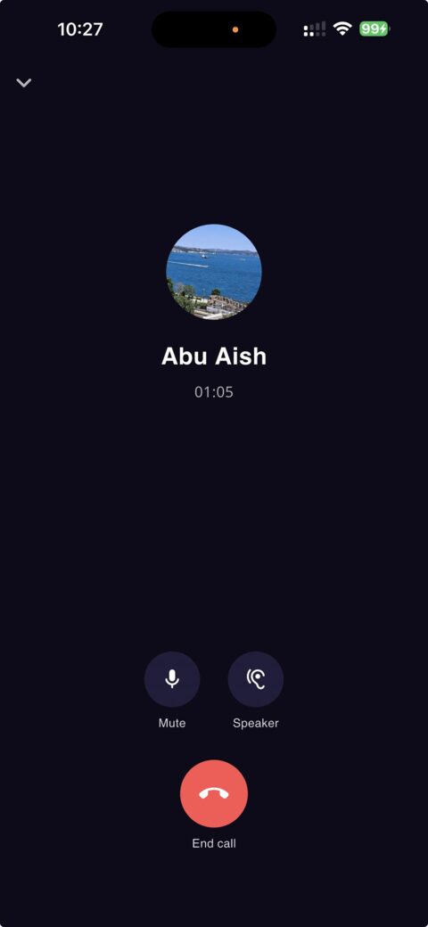 An encrypted audio call in progress, with Mute, Speaker and End call