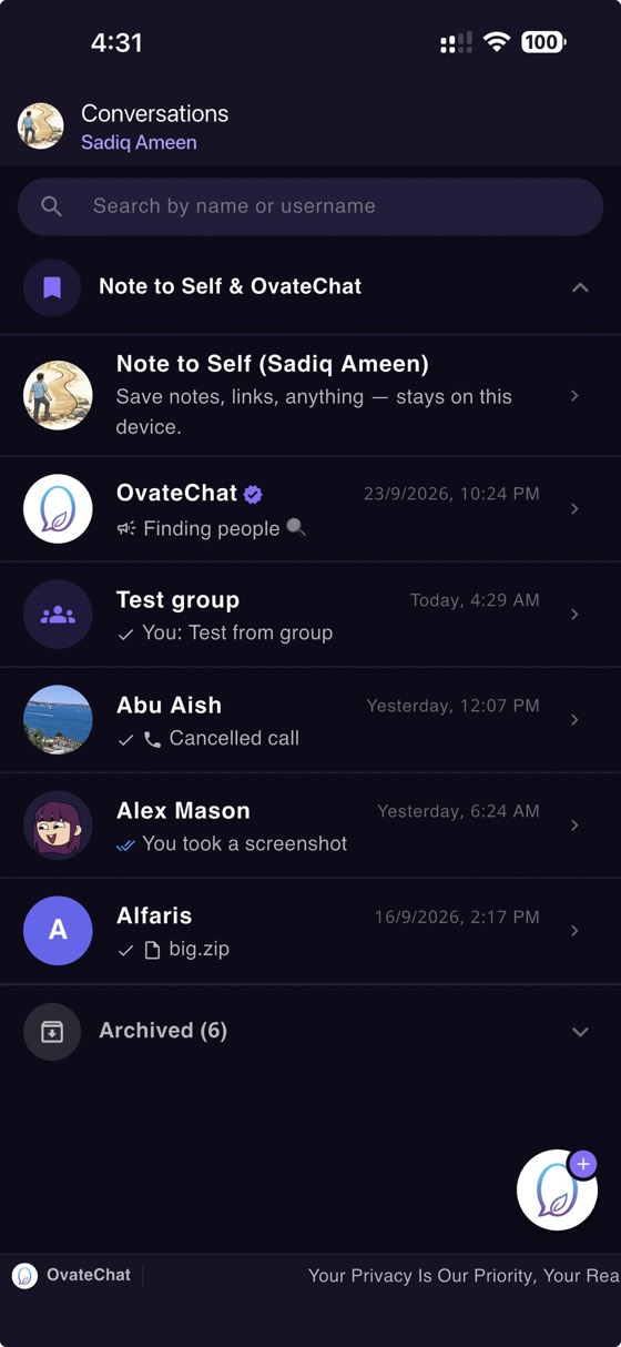 OvateChat conversations list: Note to Self, the official OvateChat channel, a group and three private chats