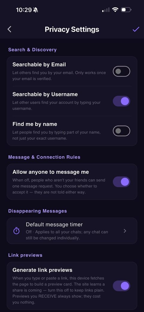 Privacy settings: searchable by email, by username, find me by name, allow anyone to message me, disappearing messages