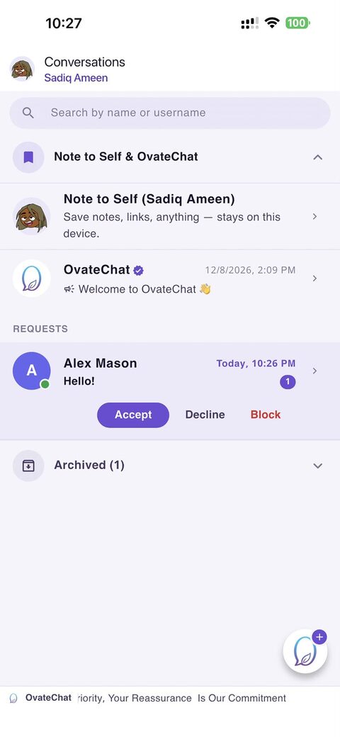 A message request from someone who is not a friend yet, with Accept, Decline and Block
