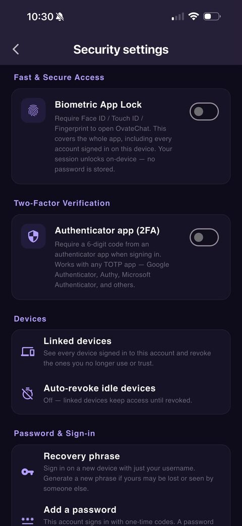 Security settings: biometric app lock, authenticator-app two-factor, linked devices, auto-revoke idle devices
